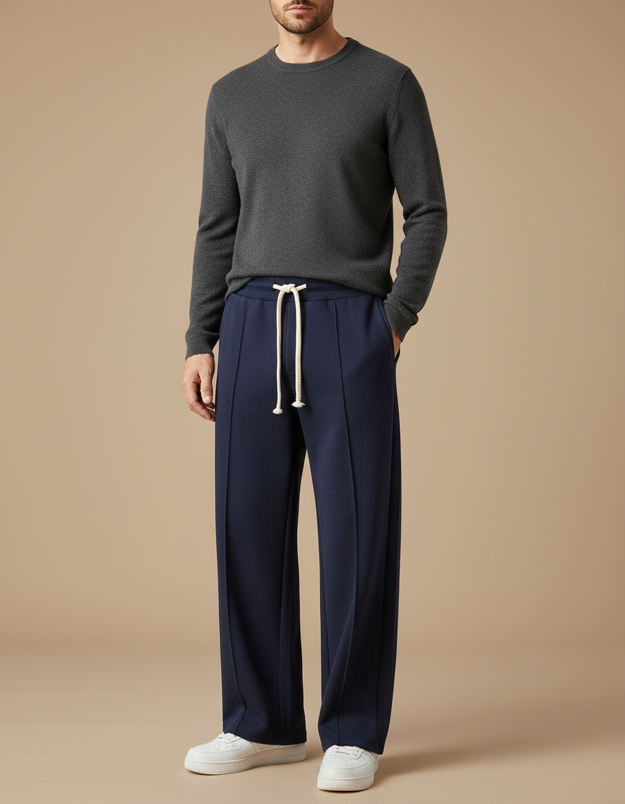 Pantalon Chinois Bleu Marine Droit Ample Cordon Homme - Gabardine