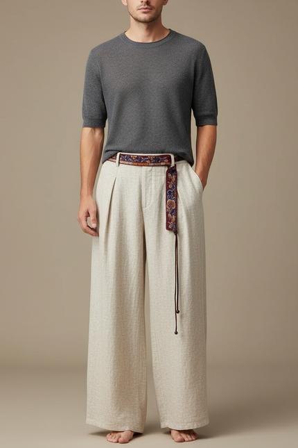 Pantalon Chinois Beige Ample Texturé Ethnique Ceinturé - Lin