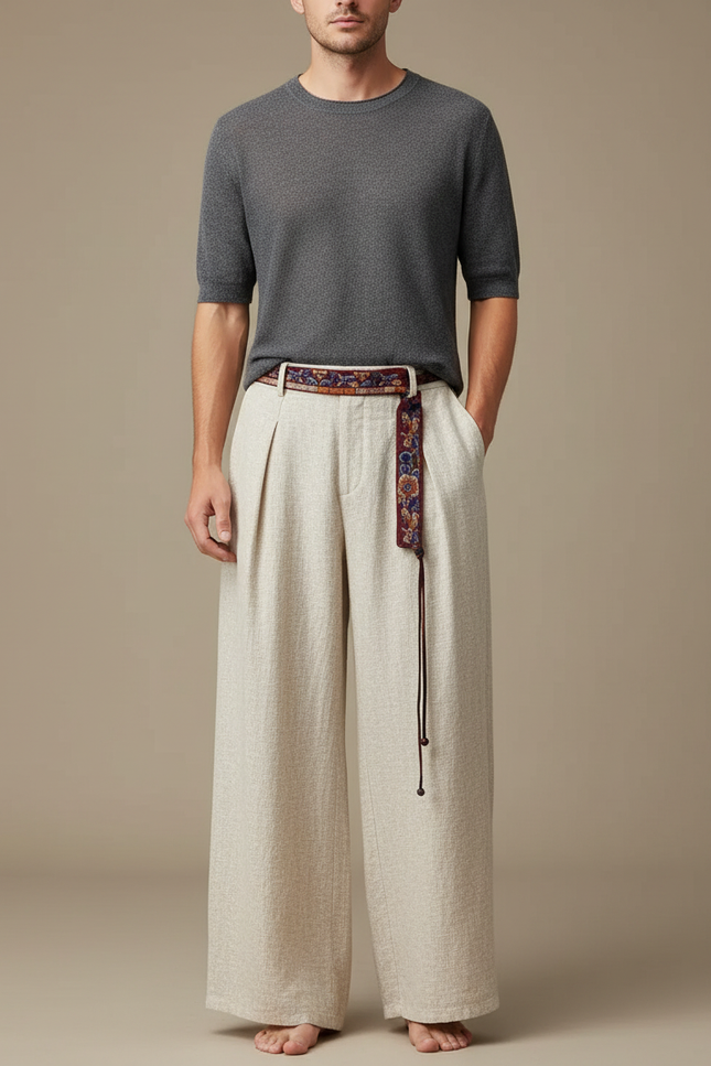 Pantalon Chinois Beige Ample Texturé Ethnique Ceinturé - Lin
