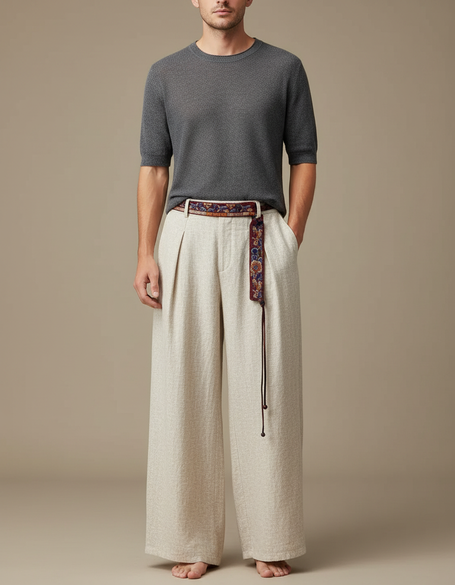 Pantalon Chinois Beige Ample Texturé Ethnique Ceinturé - Lin