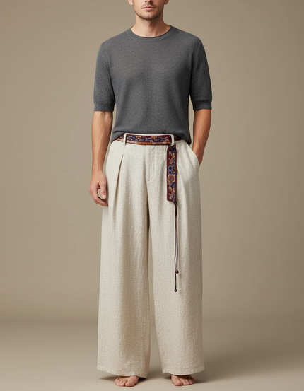 Pantalon Chinois Beige Ample Texturé Ethnique Ceinturé - Lin