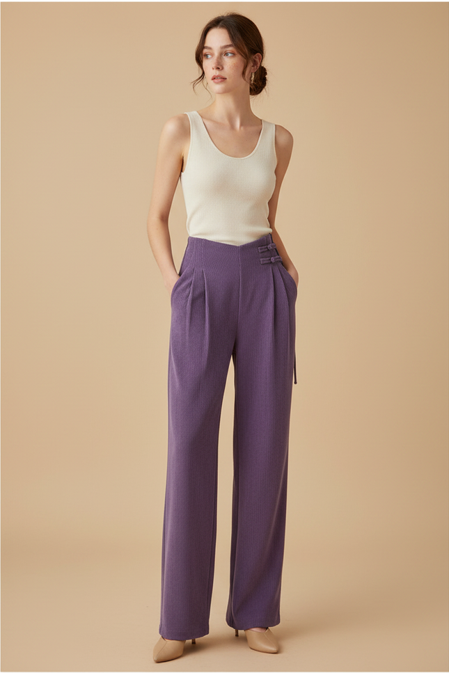 Pantalon Chinois Violet Plissé Ample Chenille Femme - Cordé
