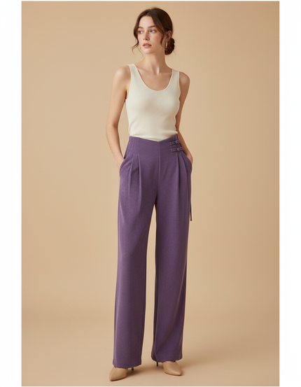 Pantalon Chinois Violet Plissé Ample Chenille Femme - Cordé