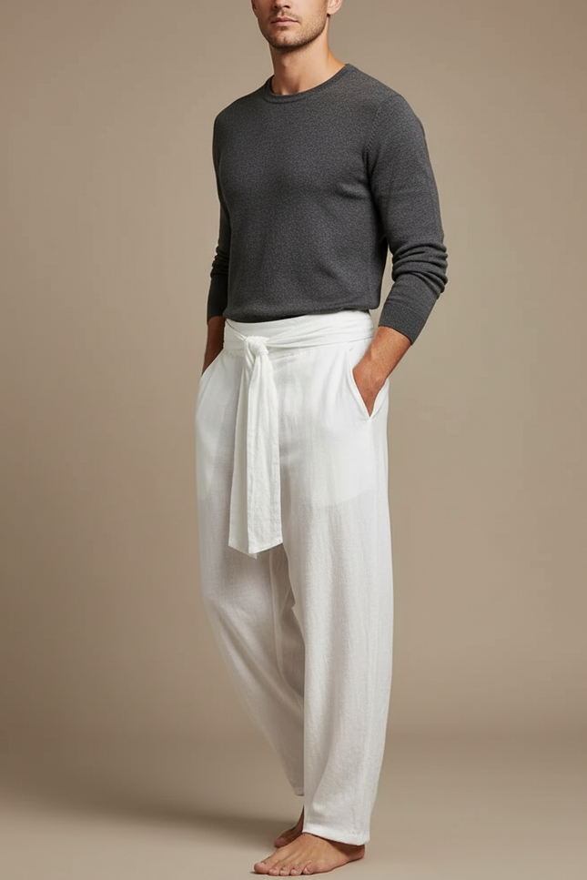 Pantalon Chinois Blanc Ample Lin Décontracté Homme