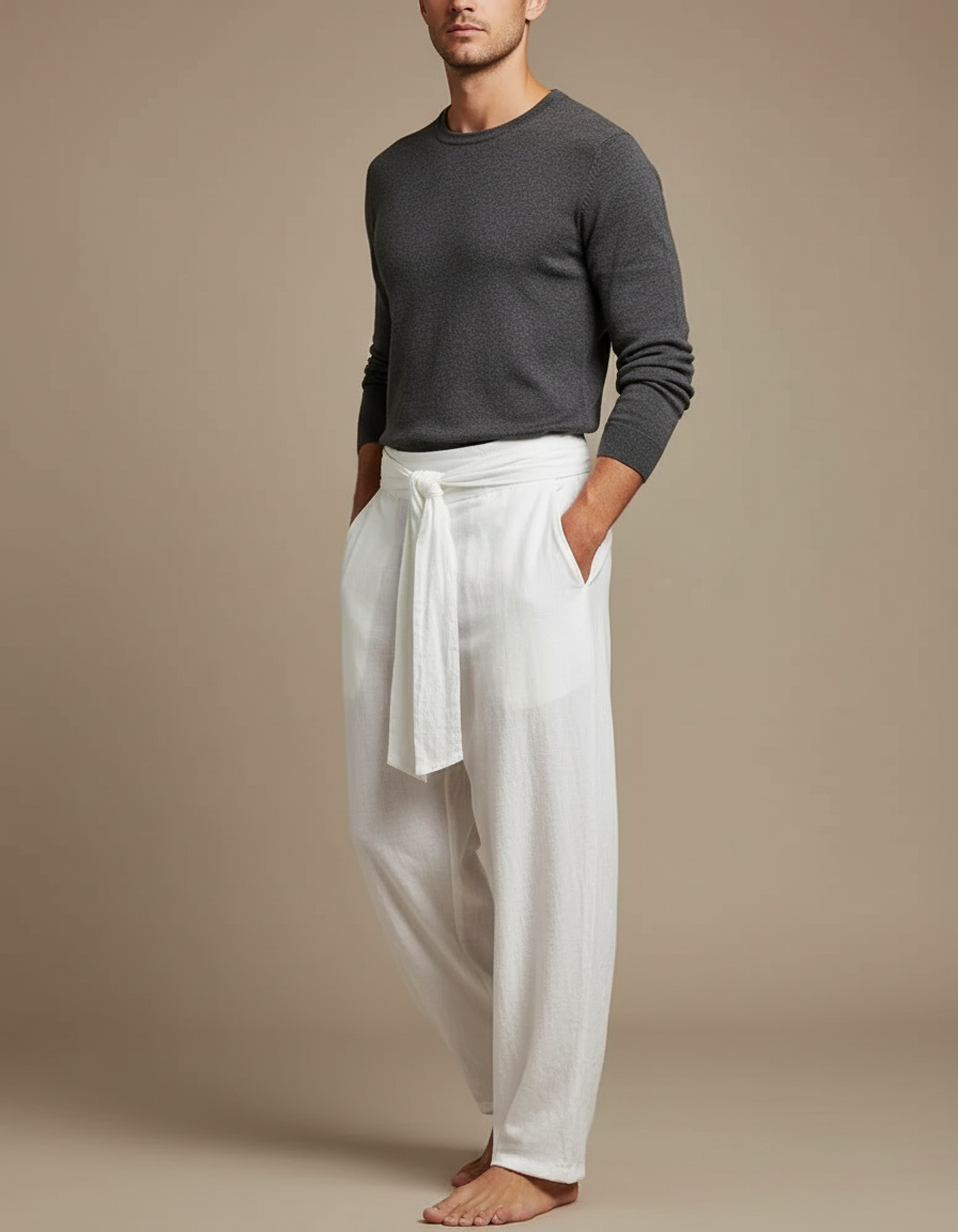 Pantalon Chinois Blanc Ample Lin Décontracté Homme