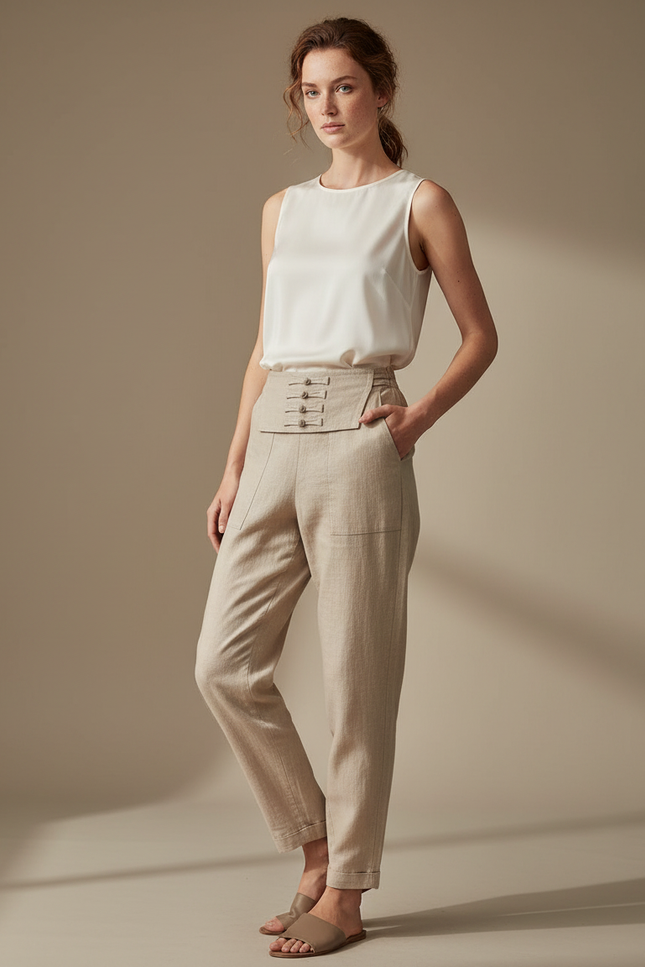 Pantalon Chinois Beige Lin Ample Taille Haute