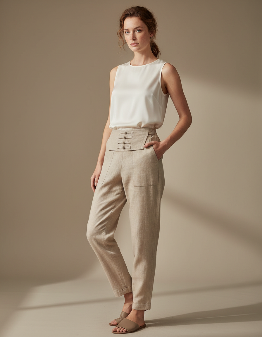 Pantalon Chinois Beige Lin Ample Taille Haute