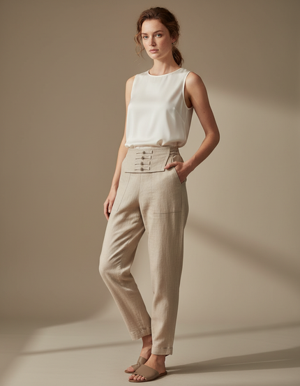 Pantalon Chinois Beige Lin Ample Taille Haute