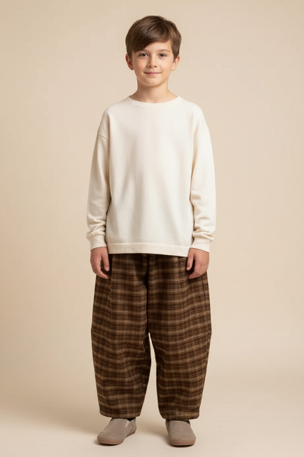 Pantalon Chinois Plaid Marron Ample Hiver Garçon - Tweed