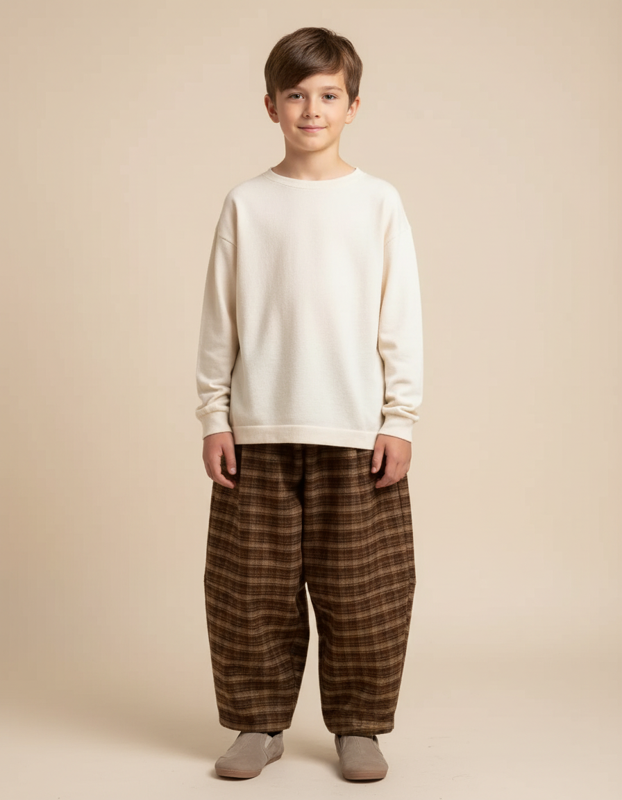 Pantalon Chinois Plaid Marron Ample Hiver Garçon - Tweed