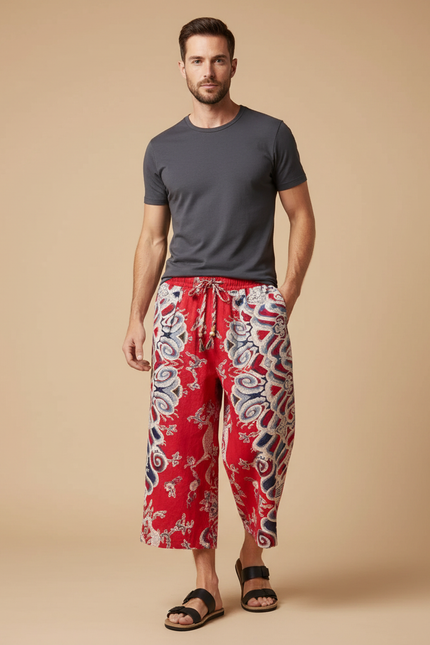 Pantalon Chinois Rouge Motif Ethnique Ample Décontracté Homme - Lin