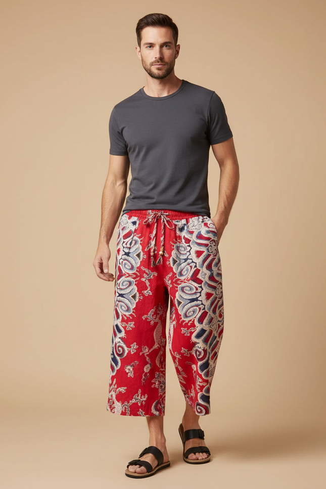 Pantalon Chinois Rouge Motif Ethnique Ample Décontracté Homme - Lin