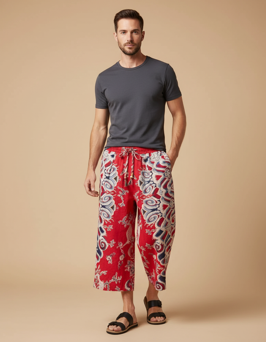 Pantalon Chinois Rouge Motif Ethnique Ample Décontracté Homme - Lin