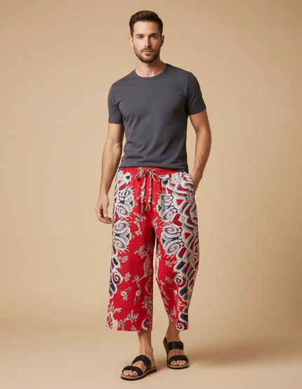 Pantalon Chinois Rouge Motif Ethnique Ample Décontracté Homme - Lin