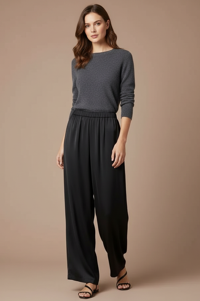 Pantalon Chinois Noir Ample Fluide Satiné Élégant