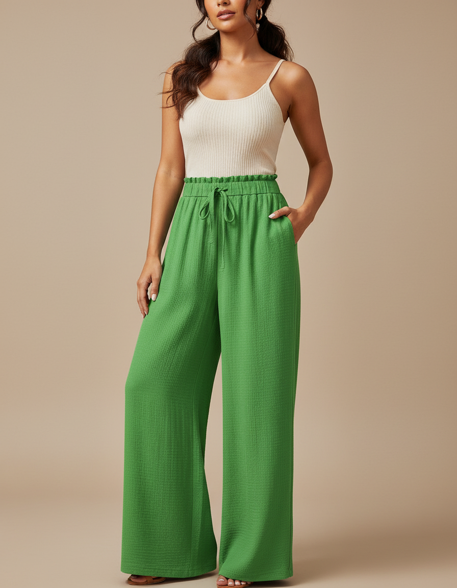 Pantalon Chinois Vert Fluide Taille Haute Femme - Viscose