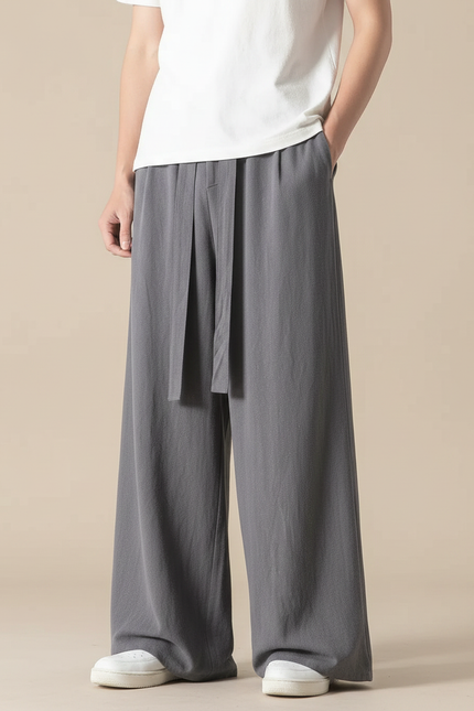 Pantalon Chinois Gris Ample Coton Lin Casual Homme