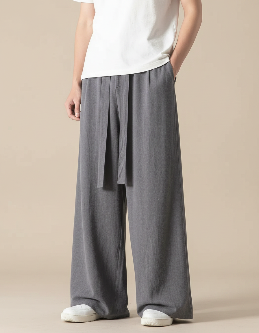 Pantalon Chinois Gris Ample Coton Lin Casual Homme