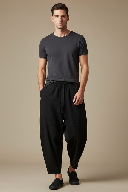 Pantalon Chinois Noir Ample Coton Décontracté Harem