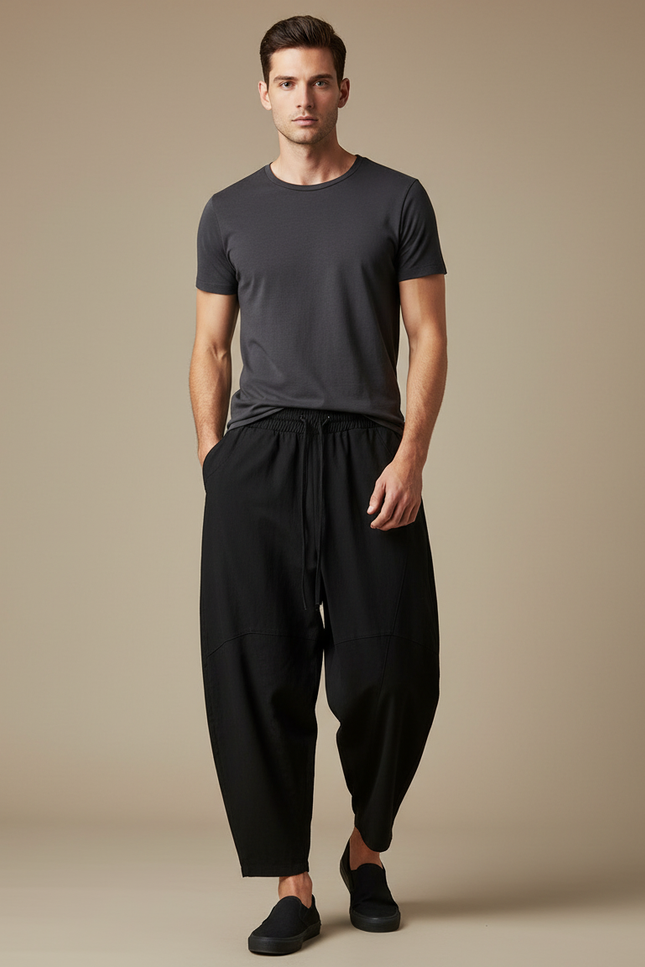 Pantalon Chinois Noir Ample Coton Décontracté Harem