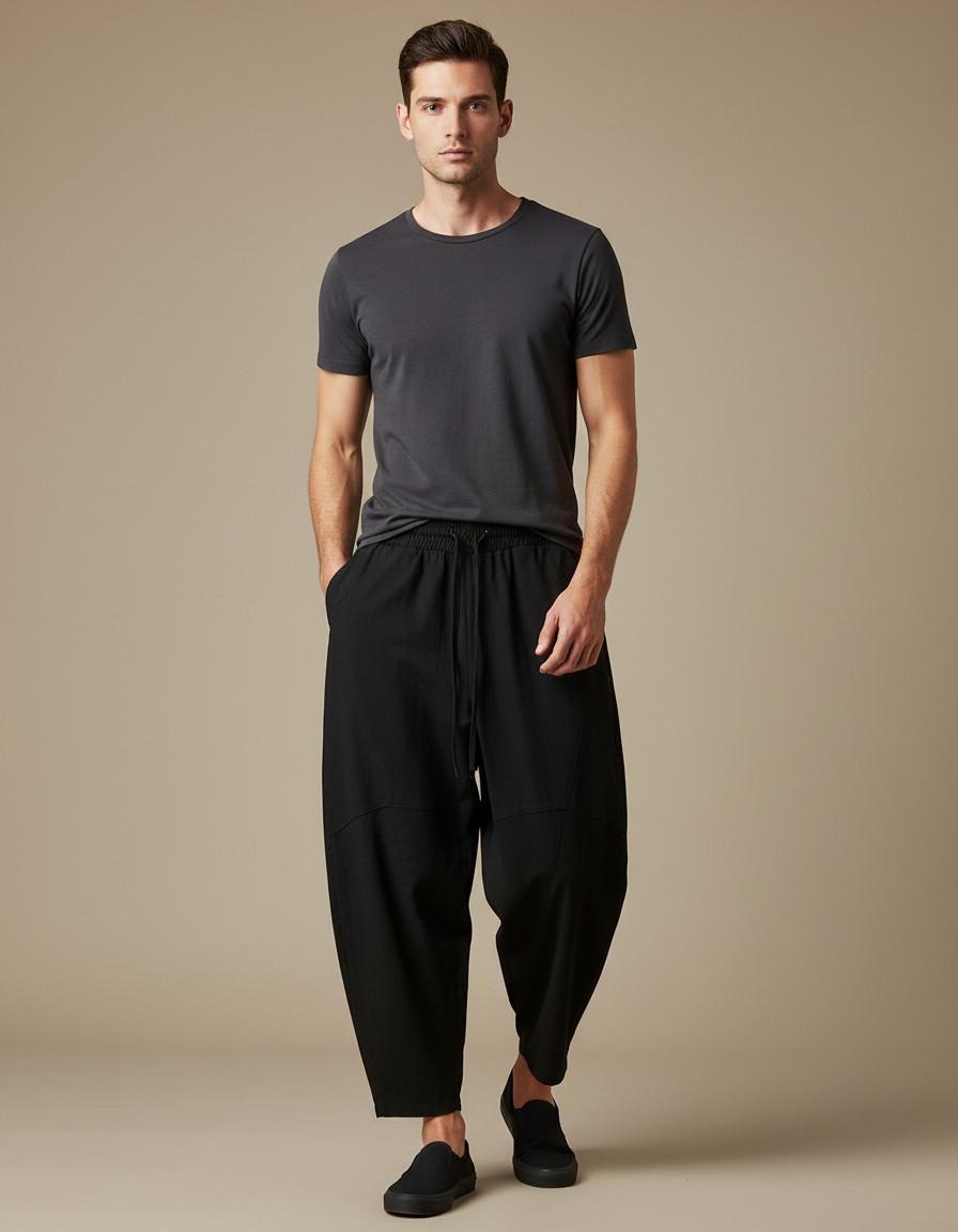 Pantalon Chinois Noir Ample Coton Décontracté Harem