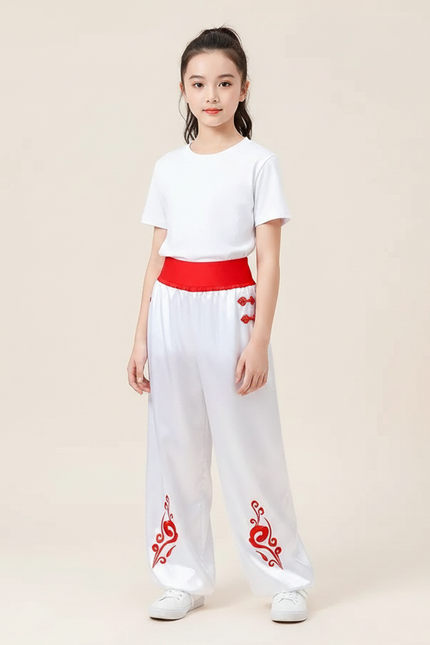 Pantalon Chinois Blanc Satiné Ample Brodé Enfant