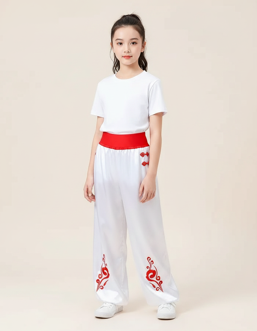 Pantalon Chinois Blanc Satiné Ample Brodé Enfant
