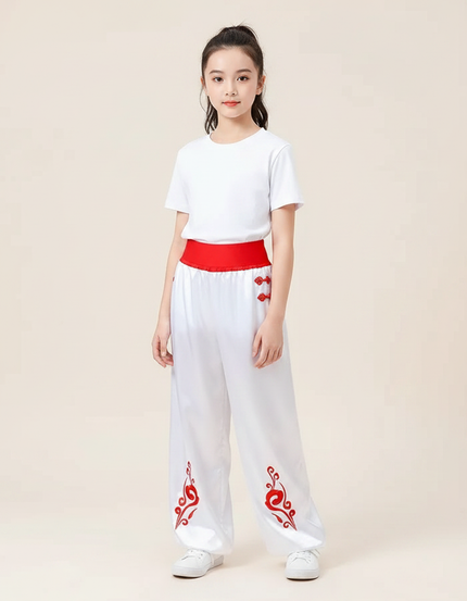 Pantalon Chinois Blanc Satiné Ample Brodé Enfant