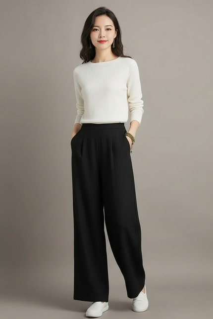 Pantalon Chinois Femme Noir Ample Coton - Polyester