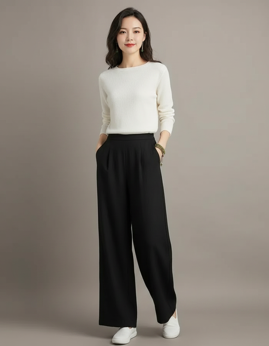 Pantalon Chinois Femme Noir Ample Coton - Polyester