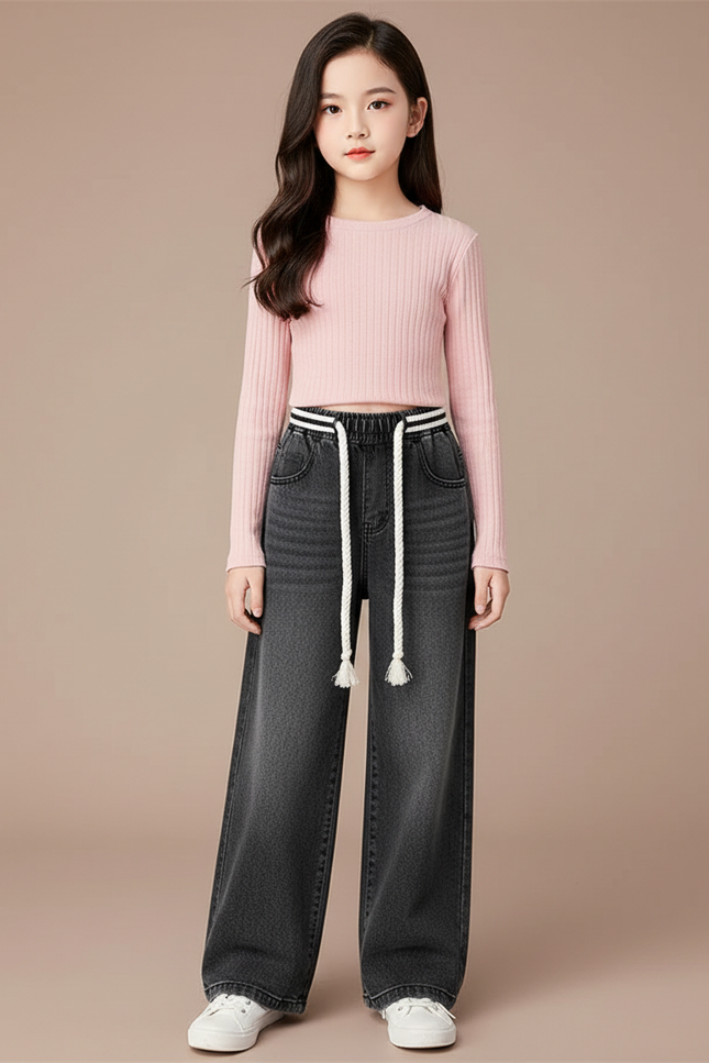 Pantalon Chinois Jean Large Fille Gris Cordon