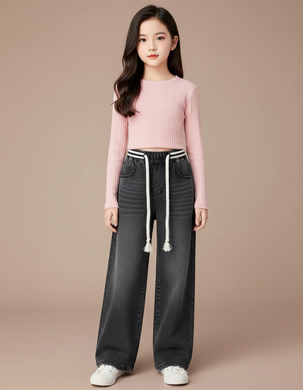 Pantalon Chinois Jean Large Fille Gris Cordon