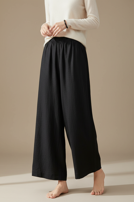 Pantalon Chinois Noir Ample Lin Décontracté Fluide
