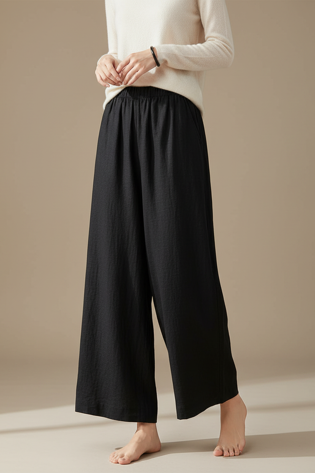Pantalon Chinois Noir Ample Lin Décontracté Fluide