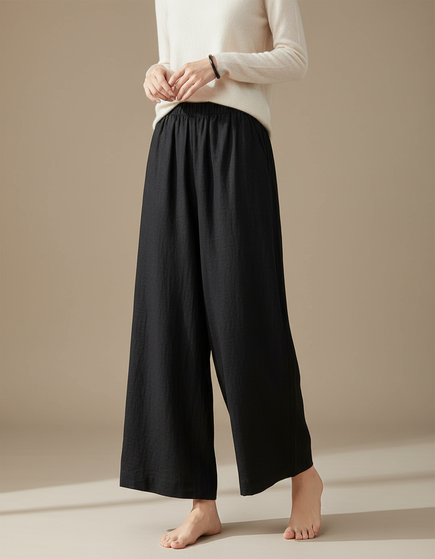 Pantalon Chinois Noir Ample Lin Décontracté Fluide