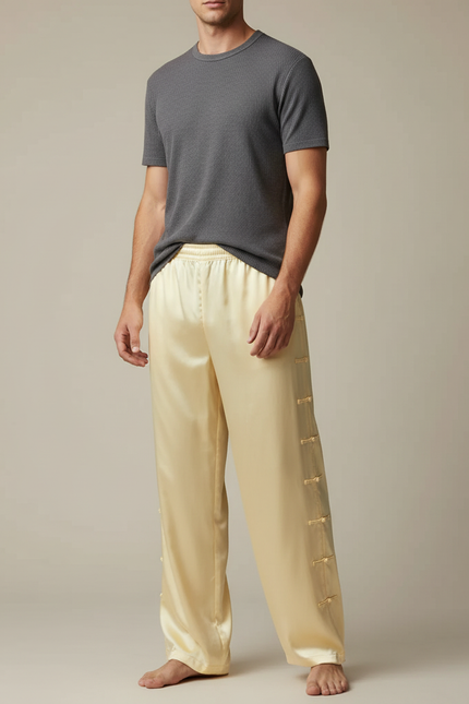 Pantalon Chinois Jaune Satiné Ample Boutonné Homme