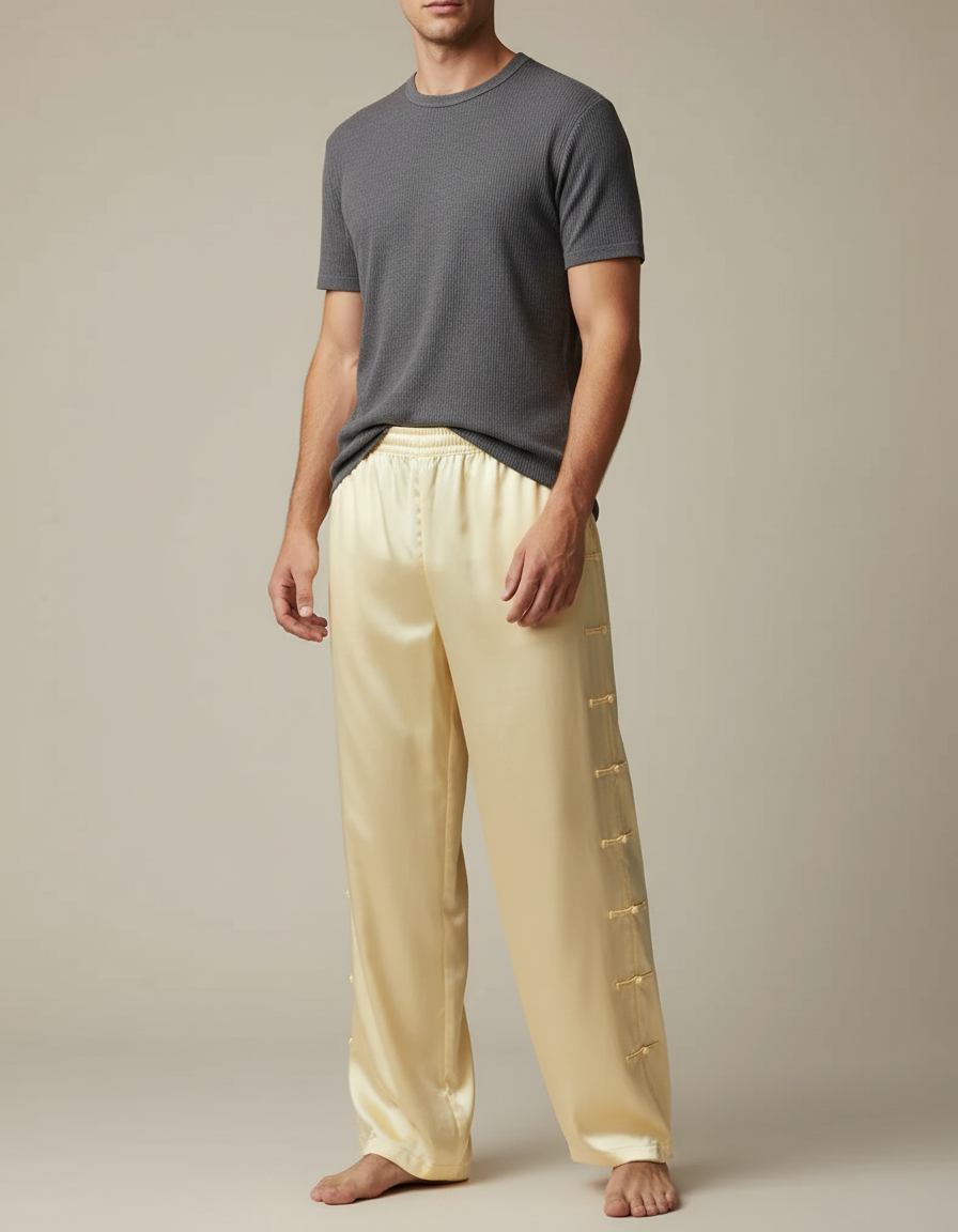 Pantalon Chinois Jaune Satiné Ample Boutonné Homme