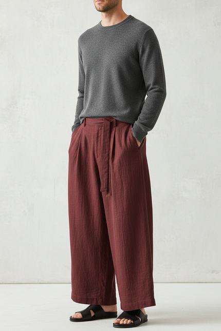 Pantalon Chinois Bordeaux Ample Lin Décontracté Fluide