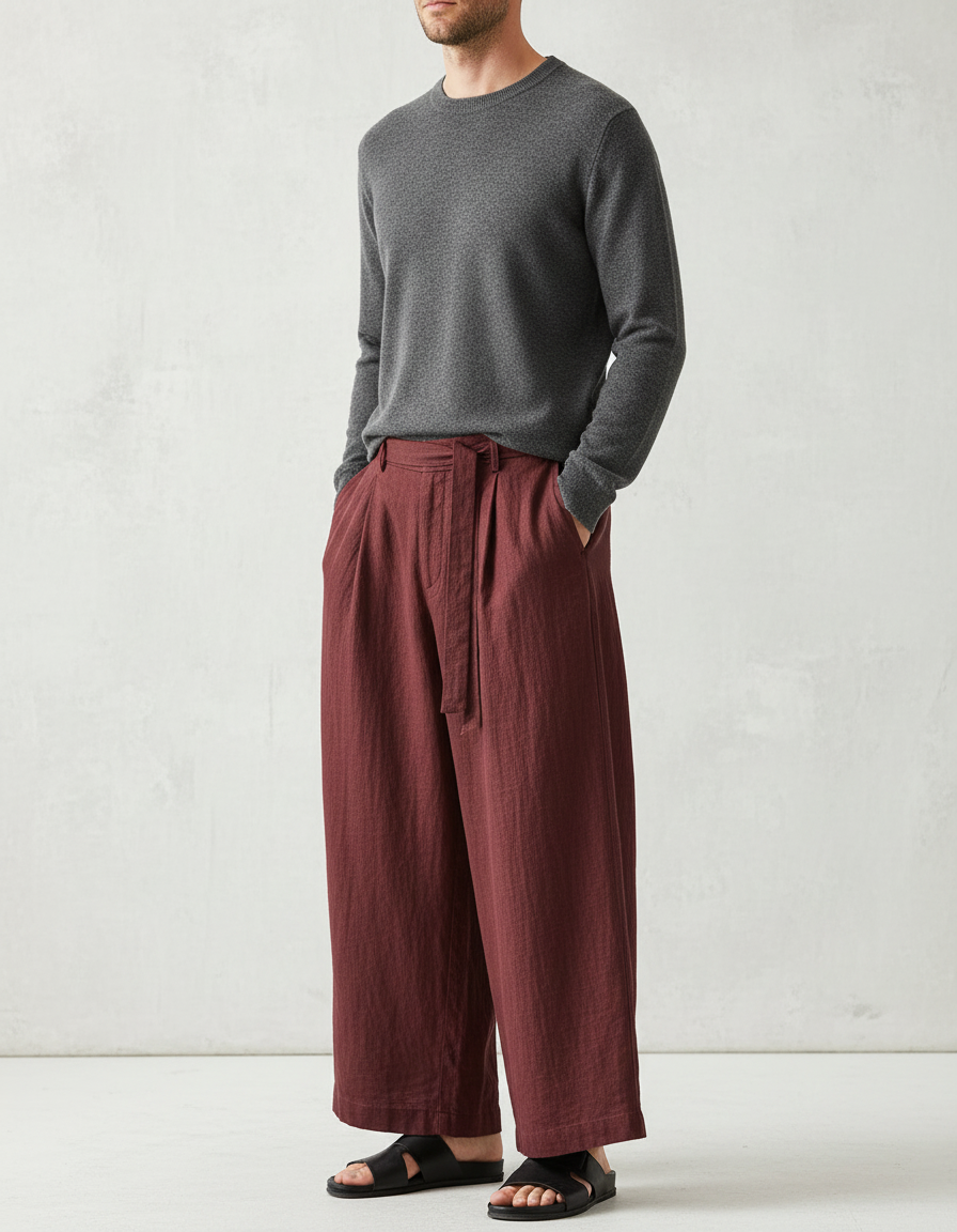 Pantalon Chinois Bordeaux Ample Lin Décontracté Fluide