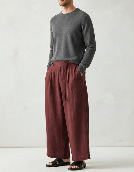 Pantalon Chinois Bordeaux Ample Lin Décontracté Fluide