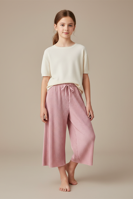 Pantalon Chinois Rose Plissé Ample Décontracté Enfant - Maille