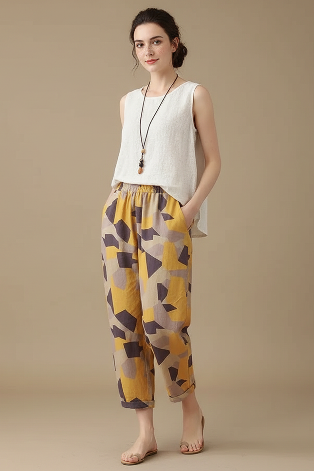 Pantalon Chinois Géométrique Coton Lin Fluide Estival - Multicolore