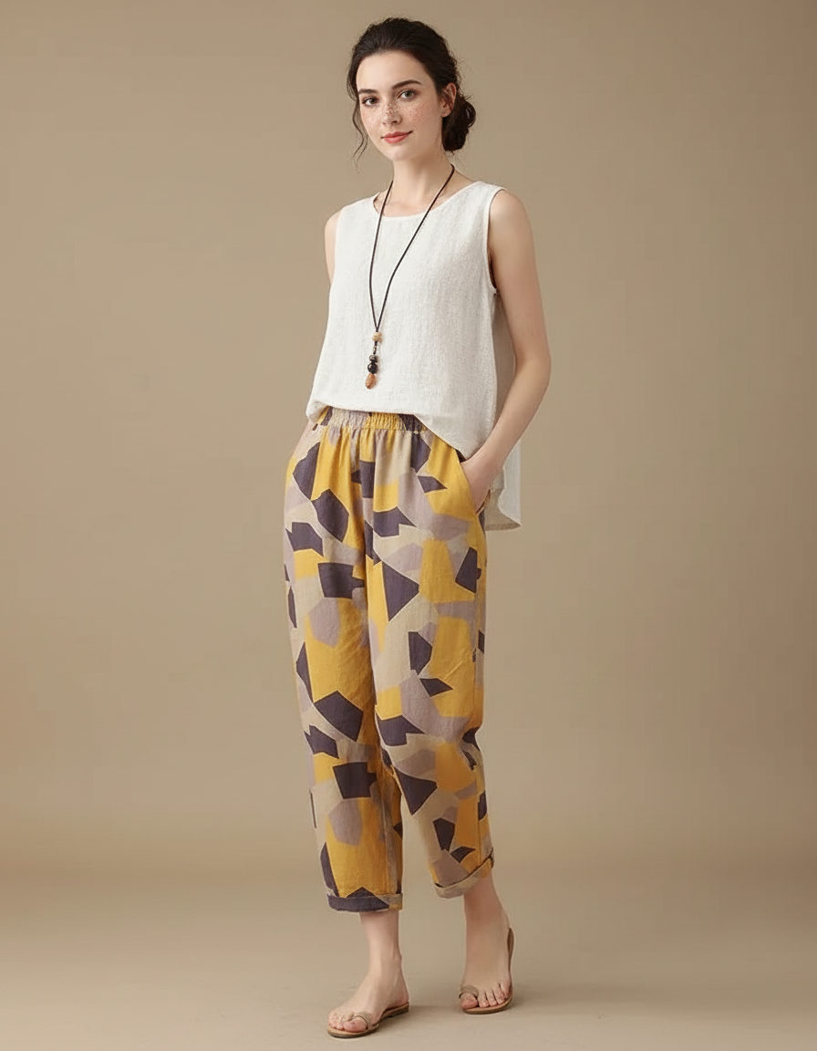 Pantalon Chinois Géométrique Coton Lin Fluide Estival - Multicolore