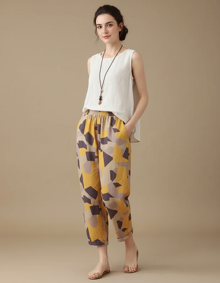 Pantalon Chinois Géométrique Coton Lin Fluide Estival - Multicolore