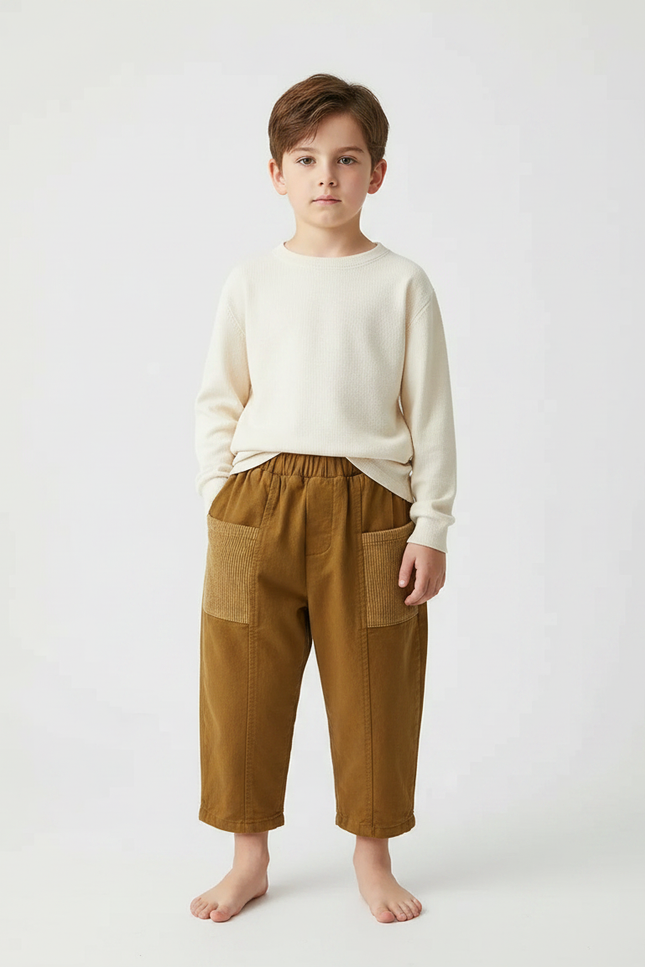 Pantalon Chinois Marron Côtelé Ample Garçon Décontracté - Cordé