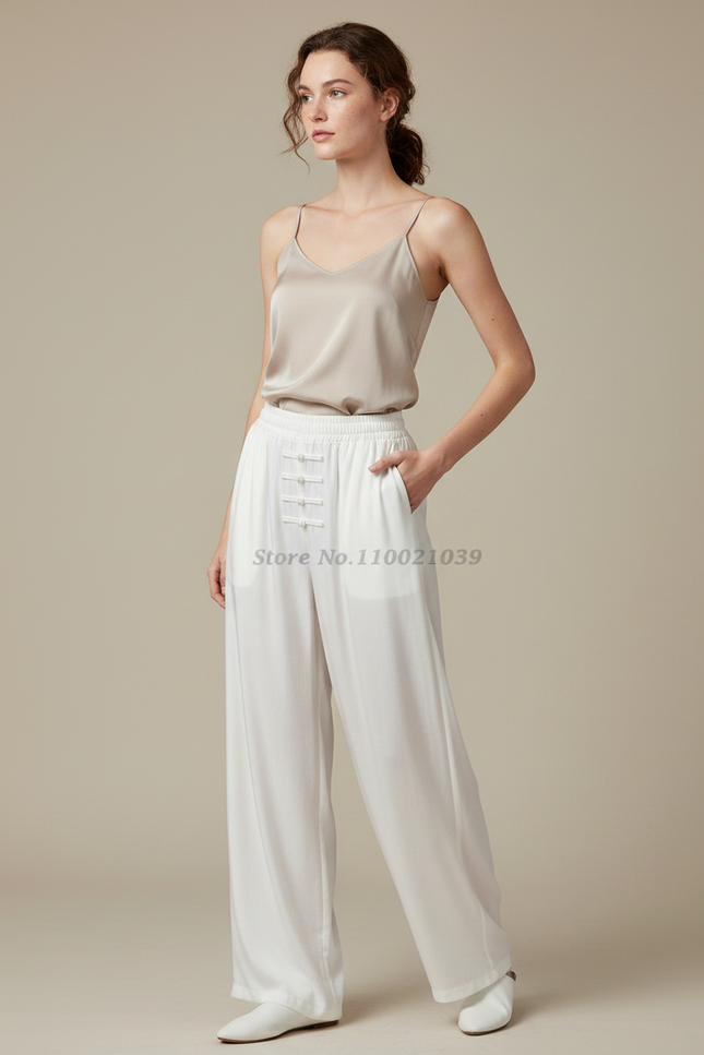 Pantalon Chinois Femme Blanc Ample - Soie