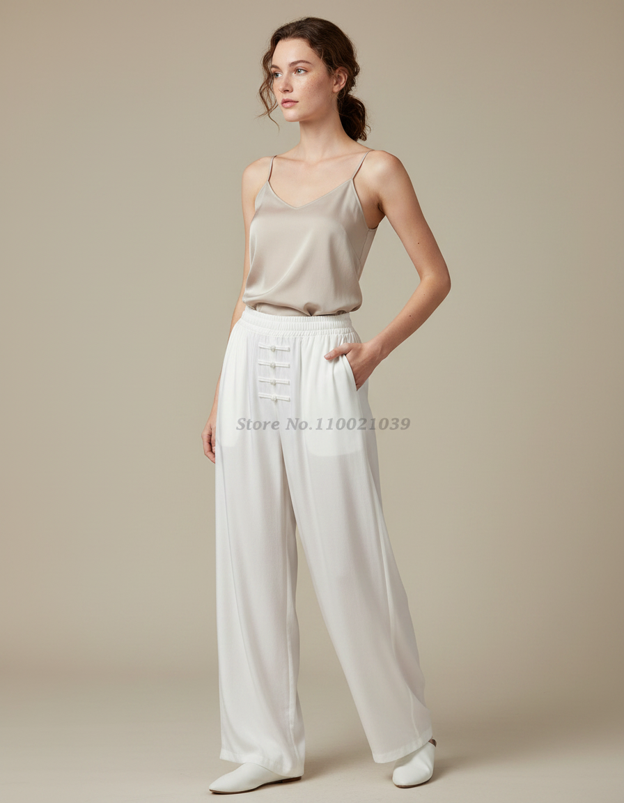 Pantalon Chinois Femme Blanc Ample - Soie