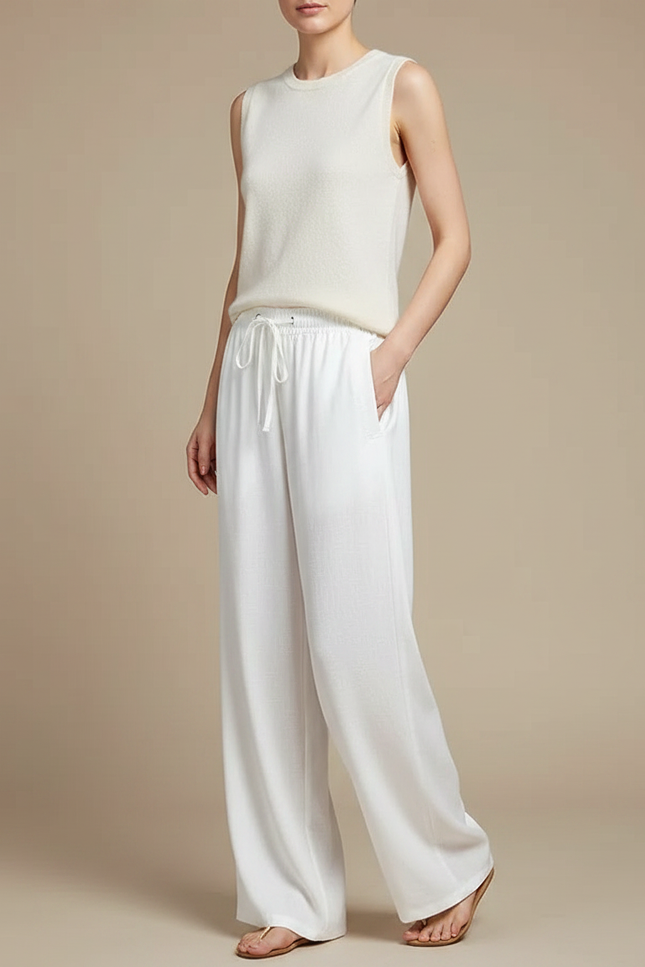 Pantalon Chinois Blanc Ample Coton Décontracté Cordon - Lin