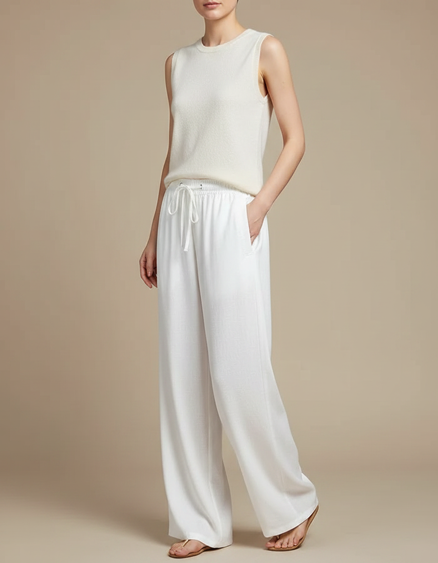 Pantalon Chinois Blanc Ample Coton Décontracté Cordon - Lin