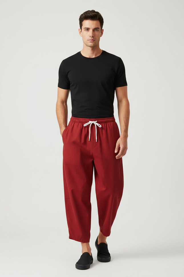 Pantalon Chinois Rouge Ample Cordon Décontracté Homme - Coton